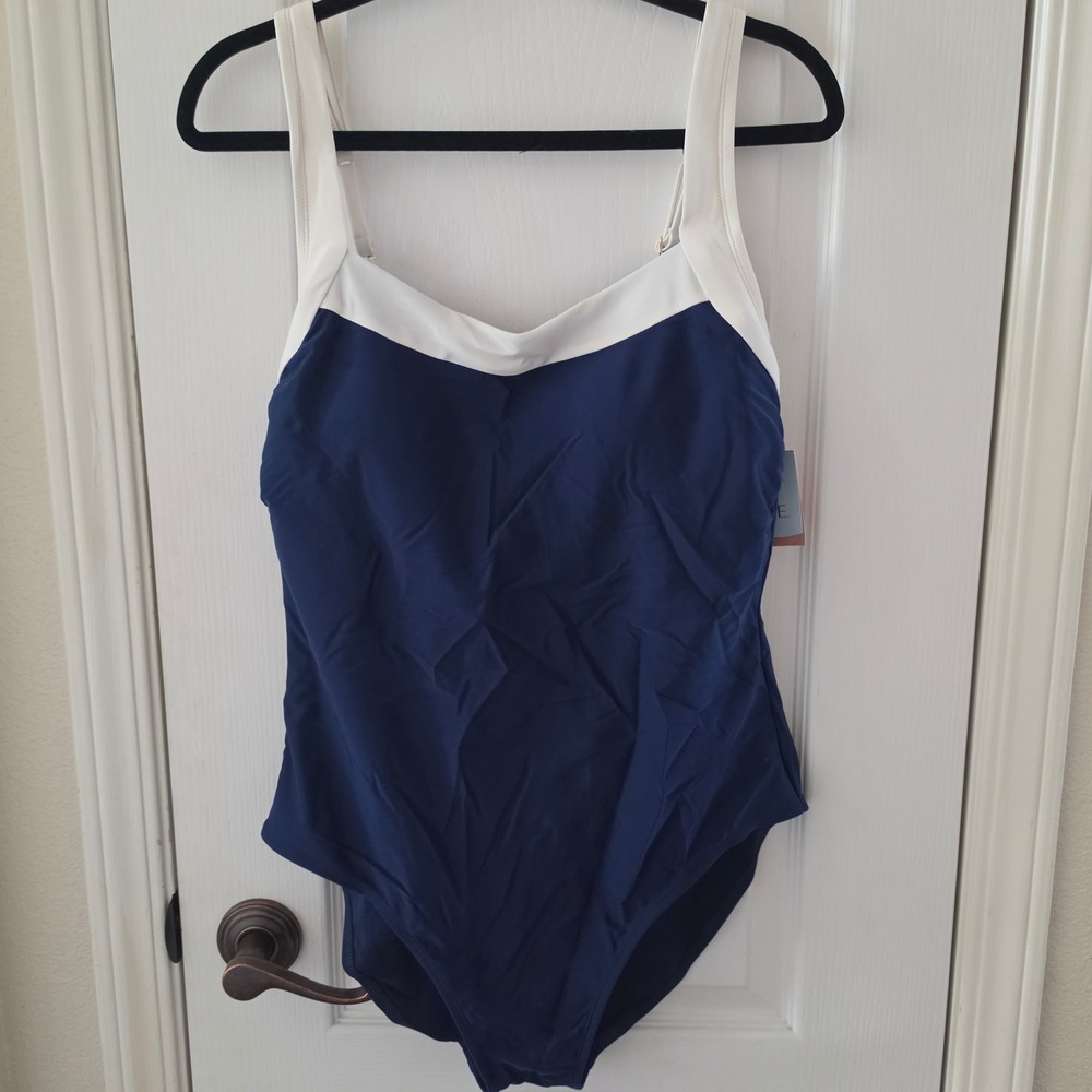 Shade & Shore Navy Blue White Contrast One Piece Swimsuit XL 16 Full Coverage